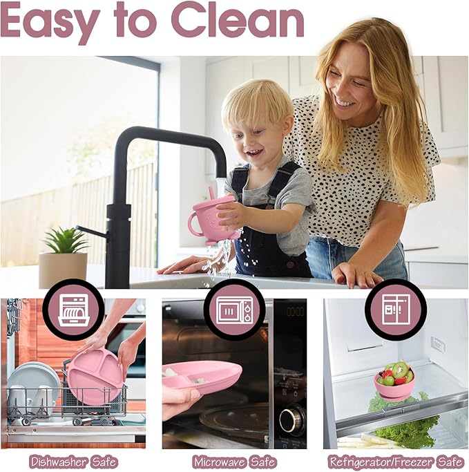 Baby Led Weaning Supplies, 8 Piece BPA-Free Silicone Feeding Set, Silicone Suction Bowl, Forks & Spoons, Bib & Cup, Develops Self Feeding Skills