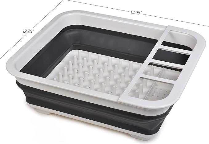 Masirs Pop-Up Collapsible Dish Drying Rack: Convenient Storage, Drains into Sink, Eight Large Plate Capacity, Sectional Cutlery and Utensil Compartment. Compact and Portable Design.