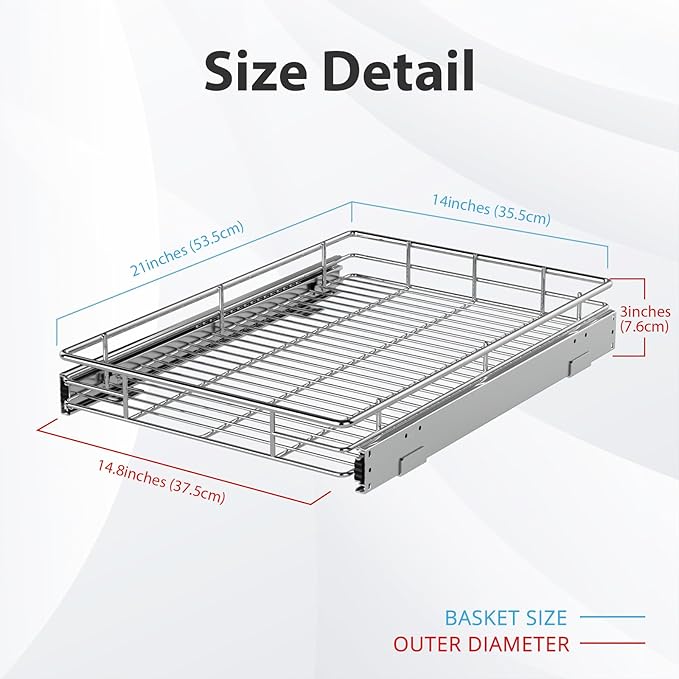 ZOINLIY Pull Out Cabinet Organizer, Versatile Slide Out Kitchen Organizers and Storage,Heavy Duty Drawer Cupboard Storage Basket, Smooth Sliding, Chrome Finish,14.8" W x 21" D