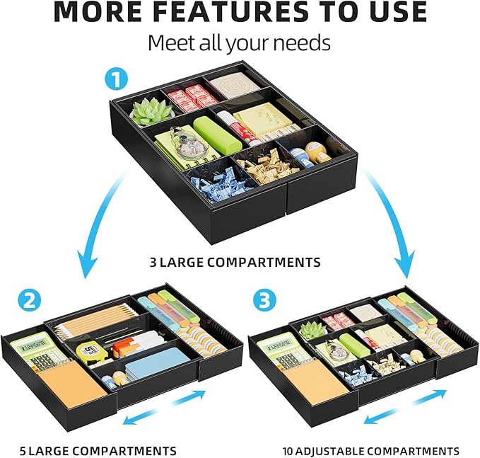 Marbrasse Expandable Desk Drawer Organizer, Clear Plastic Drawer Organizer Tray with 10 Adjustable Compartments, Desk Organizers and Accessories