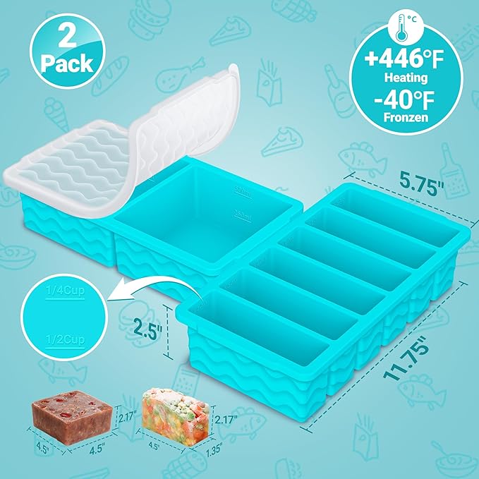2-Pack Silicone Freezer Trays with Lid, 2 Large 2-Cup(500ml) & 6 Small 1/2-Cup(125ml) Soup Freezer Container Molds
