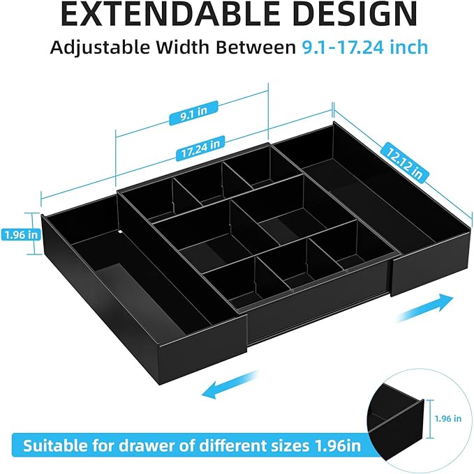 Marbrasse Expandable Desk Drawer Organizer, Clear Plastic Drawer Organizer Tray with 10 Adjustable Compartments, Desk Organizers and Accessories