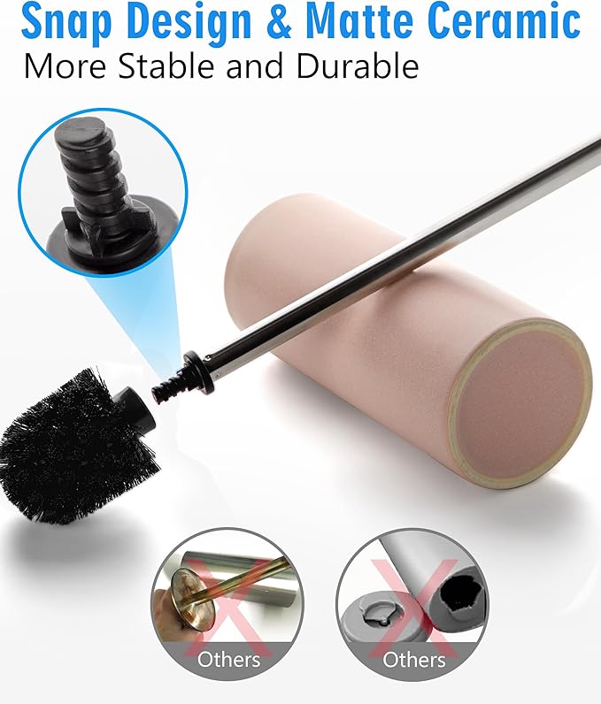 Matt Pink Ceramic Toilet Brush and Holder Set, Freestanding Toilet Bowl Cleaners Brush, Scrubber Brush for Toilet, Bathroom Accessories with Stainless Handle, Deep Cleaning