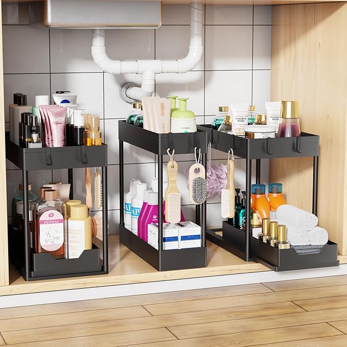 Simple Trending 3 Pack Under Sink Organizer, Pull-Out Cabinet Organizer Drawer, 2 Tier Multi-Purpose Slide Out Storage Shelf for Kitchen Bathroom, Black