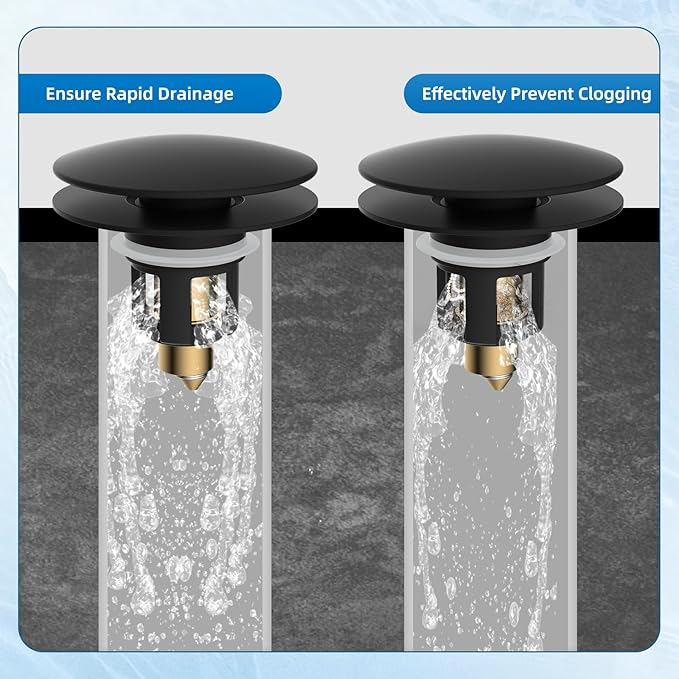 iFealClear Universal Black Bathroom Sink Stopper, Metal Pop Up Sink Drain Strainer with Hair Catcher, Fit 1.1"-2.36" US Basin, Wash Basin Drain Plug