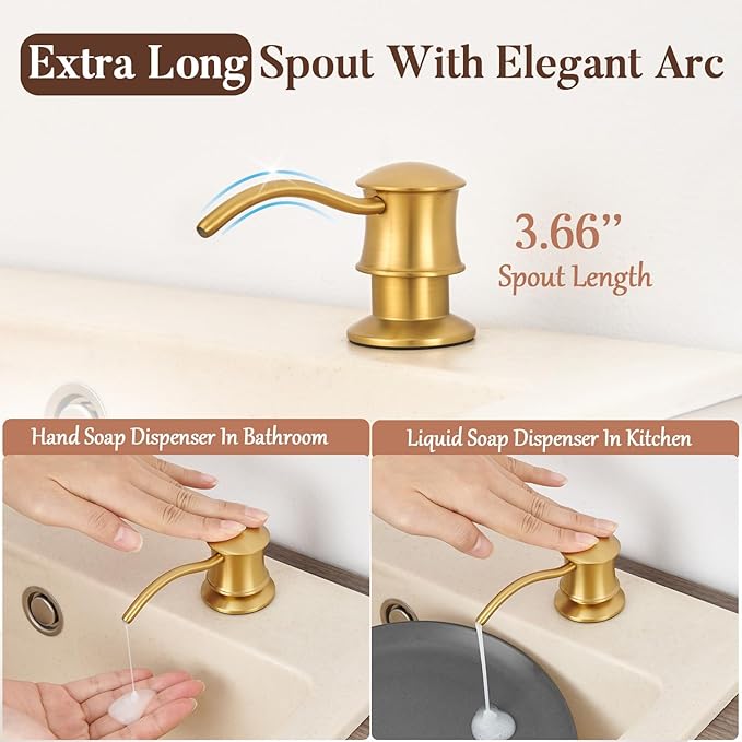 Built in Soap Dispenser for Kitchen Sink Countertop, Solid Brass Pump Head Long Spout with 10.2 Ounce PET Food Safe Material Lotion Bottle, Brushed Gold Finish