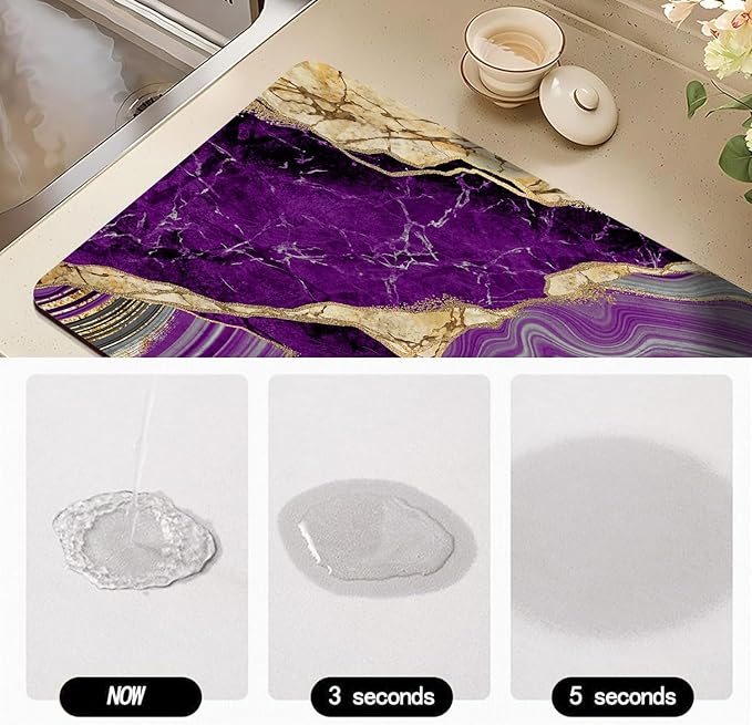 Dish Drying Mat for Kitchen Counter, Purple Marble Gold Agate Design, Washable Absorbent Quick Dry Pad with Rubber Backing, Draining Mat for Dishes Coffee Table, 16" x 24"