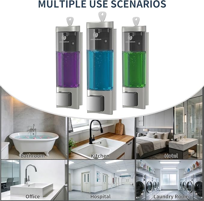 Manual Soap Dispenser Wall Mount, 6.76oz/200ml Liquid Soap Dispenser for Kitchen, No Drill Bathroom Shampoo and Conditioner Dispenser, Refillable Hand Sanitizer Dispenser for Home & Office (Sliver)