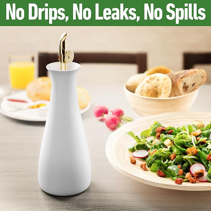 Ceramic Olive Oil Dispenser with Self-Closing Gold Spout - 530 ML Capacity Matte White Ceramic Oil Dispenser for Kitchen - Leak Proof EVOO Dispensing Bottle - Stylish, Ergonomic, Durable, Easy Pour