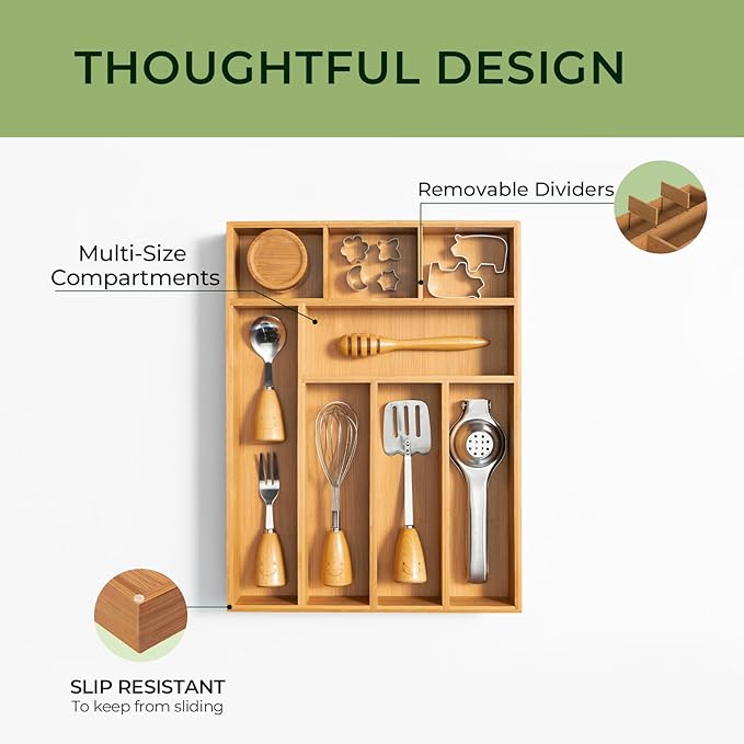 Carbonized Bamboo Kitchen Drawer Organizer, 8 Slots Silverware Organizer