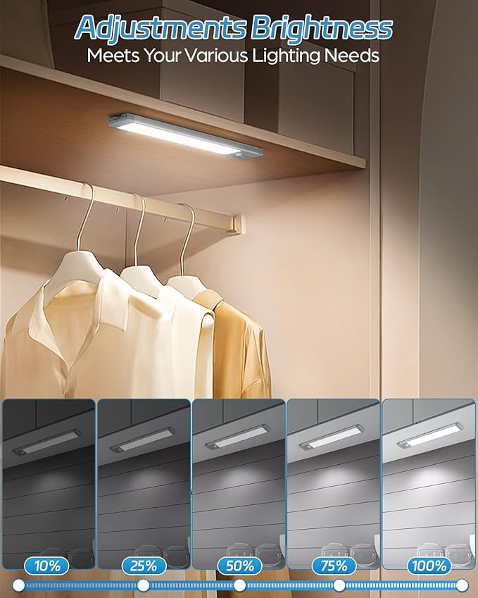 HIBOITEC Under Cabinet Lighting Rechargeable Closet Lights Wireless Motion Sensor Light Indoor, 50 LED Dimmable Magnetic Under Counter Light for Kitchen, Pantry, 2 Pack, Cool White Light, 10 inch