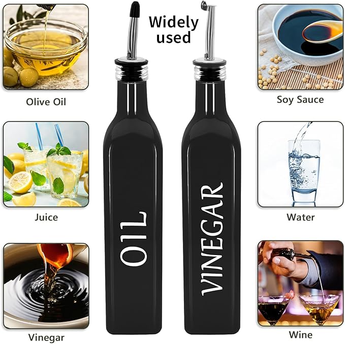 Olive Oil Dispenser Bottle,2 Pcs 17oz 500ml Glass O il and Vinegar Dispenser Set with 2 Stainless Steel Pourers, 8 Labels,Funnel Vinegar Bottles for Kitchen (Black)