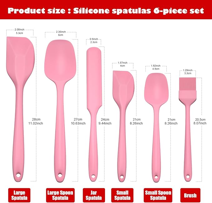 Heat Resistant Silicone Spatulas Set 6pcs, Seamless Design Non-Stick Mixing Spatulas with Stainless Steel Core, Premium BPA-Free Rubber Spatula Baking Cooking Utensile for Home Kitchen BBQ (pink)
