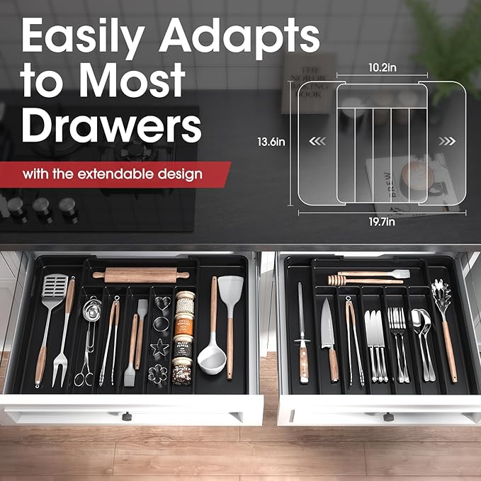 Aujen Silverware Organizer - Expandable Kitchen Drawer Organizer, Adjustable Utensil Organizer, Cutlery Tray for Forks, Knives, Multipurpose Kitchen Organizers and Storage Solution, Black, Large