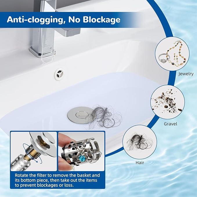 Hibbent 4 Pack Upgraded 3 in 1 Bathroom Sink Drain Strainer, Universal Pop Up Stopper with Removable Stainless Steel Filter Basket Hair Catcher