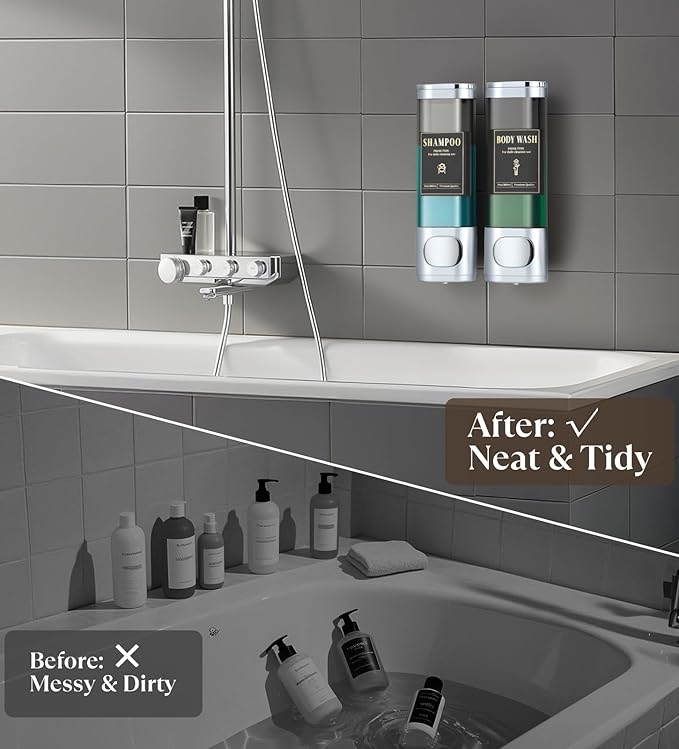 Luxspire Shampoo and Conditioner Dispenser, No Drill Wall Mounted Shower Soap Dispenser 2 Chamber with Waterproof Labels, Easy Refill Soap Dispenser for Bathroom Hotel Kitchen, Silver