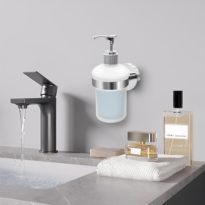 Bathroom Glass Soap Dispenser with Chrome Holder Wall Mounted
