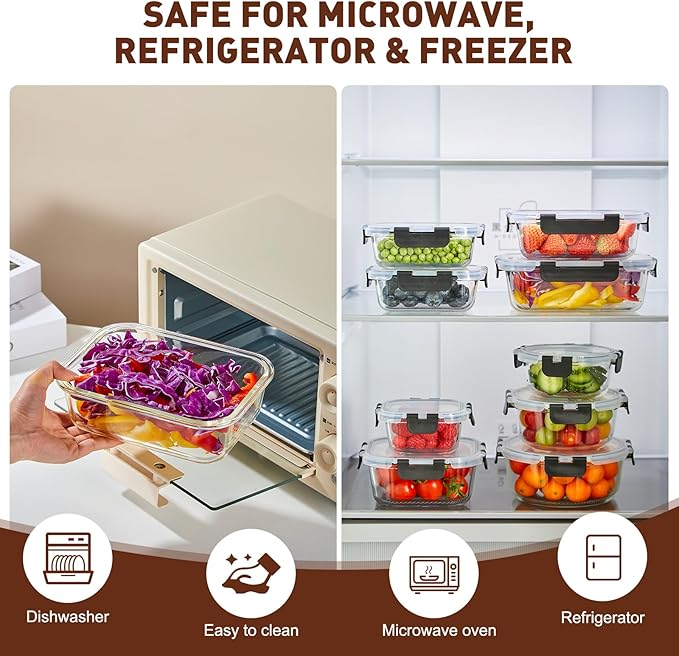 Liuruiyu 12 Pack Glass Food Storage Containers with Lids, Meal Prep Containers, Airtight Bento Boxes with Leak Proof Locking for Microwave, Oven