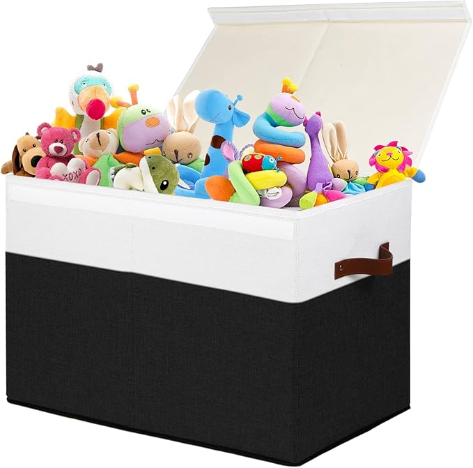 Gowee Large Toy Storage Box with Lid, Sturdy Toys Storage Chest Bin Organizer Basket with Dividers for Kids, Boys, Girls, Nursery, Closet, Bedroom, Playroom 25"x13" x16" (Black and White)