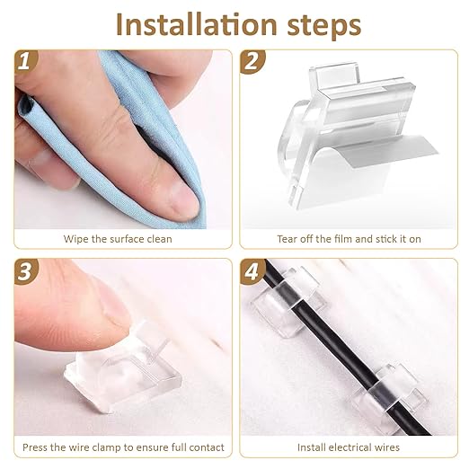 100PCS Clear Adhesive Cable Clips, Wire Organizer Cord Management Staples, Strong Hold for Wall Desk, Christmas Lights, TV PC Ethernet Cable