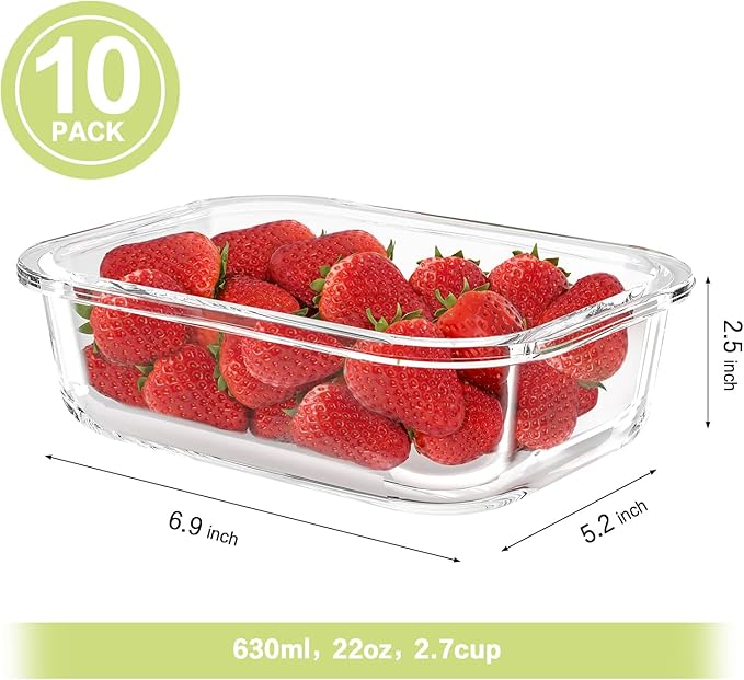 Bayco 10 Pack Glass Meal Prep Containers, Glass Food Storage Containers with Lids, Airtight Lunch Bento Boxes, BPA-Free & Leak Proof