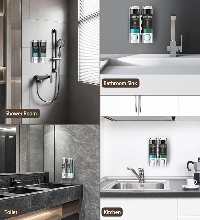 Luxspire Shampoo and Conditioner Dispenser, No Drill Wall Mounted Shower Soap Dispenser 2 Chamber with Waterproof Labels, Easy Refill Soap Dispenser for Bathroom Hotel Kitchen, Silver