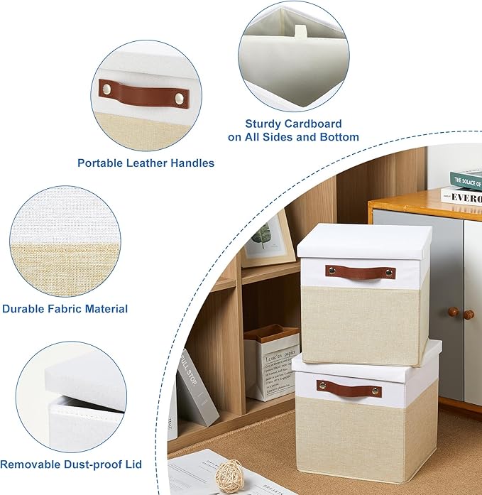 Foldable Fabric Storage Bins with Lids, White&Khaki, 10.5x10.5x10.5in