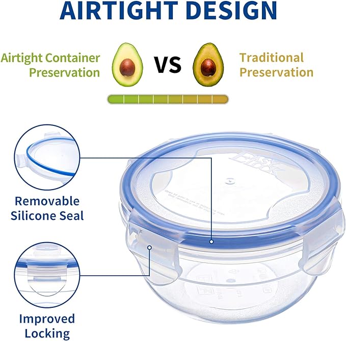 KIGI Small Plastic Bowls with Lid, Leak Proof Round Food Storage Container Set for Meal Prep, Lunch & Soup, 4 Sided Locking Lid, Airtight