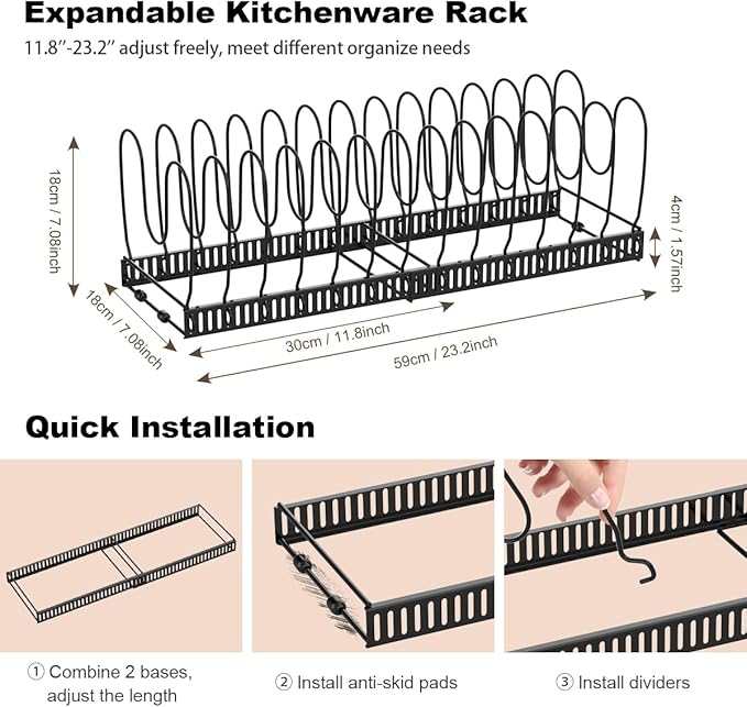 Housolution Pot and Pan Organizer Rack for Cabinet, Expandable Pot Lid Organizer Holder with 14 Adjustable Dividers