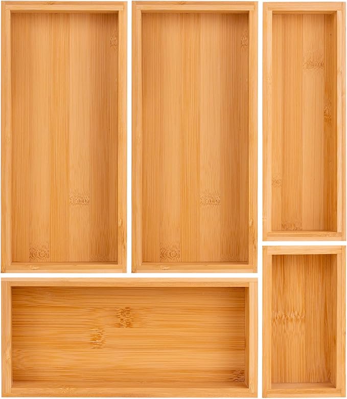 Bamboo drawer organizer Set, Expandable drawer dividers, 1 X 5PCS Natural