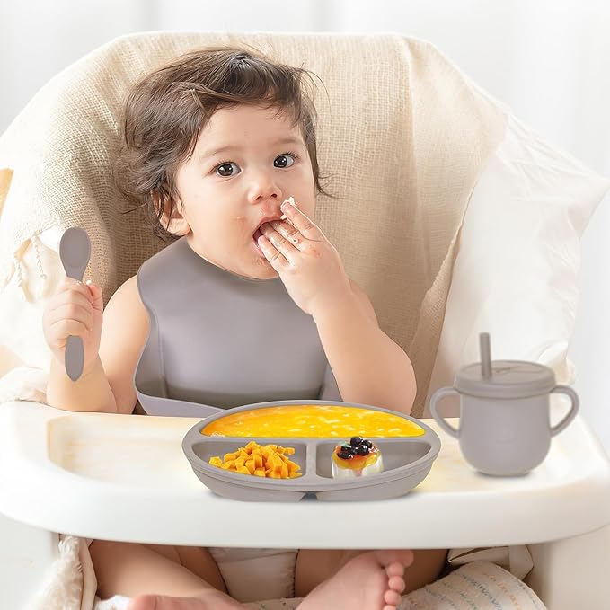 100% Silicone Baby Feeding Set, BPA Free, 9 Pcs: Suction Bowl, Divided Plate, Toddler Self Feeding Dish Set with Spoons, Forks, Sippy Cup, Bib, Beige