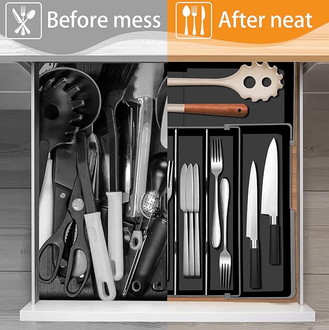 Homecor Silverware Organizer - Expandable Kitchen Drawer Organizer, 3" High Utensil Holder, BPA Free Flatware and Cutlery Tray for Spoons Forks Knives, Plastic Kitchen Organizer and Storage, Black