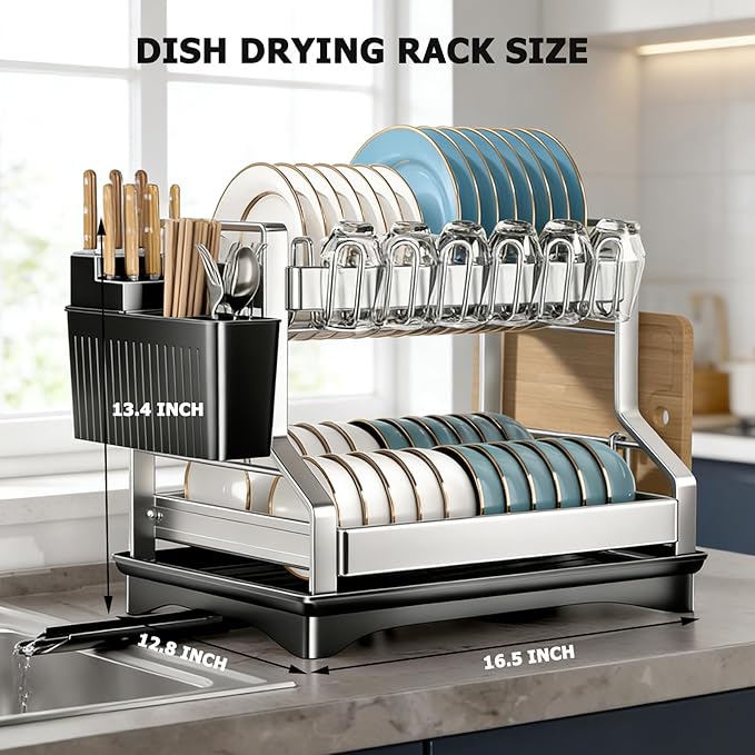 2Pcs Dish Drying Rack 2 Tiers, Stainless Steel Dish Drying Rack Stainless Steel Utensil Holder Large 2 Tier Dish Drainers for Kitchen Counter