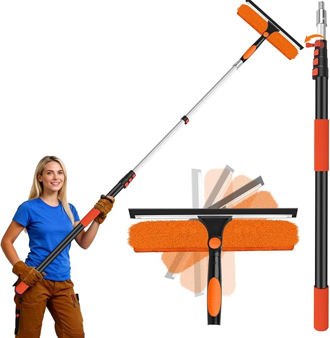 26FT Telescoping Window Cleaning Kit with 14" Squeegee - 2-in-1 Professional Window Scrubber & Extension Pole