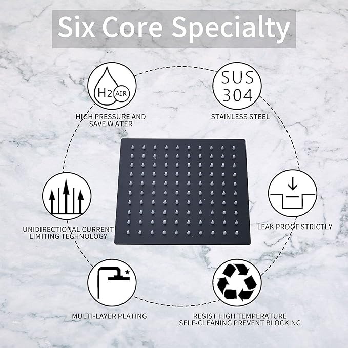 Black Shower Head GGStudy 6 inch Square Rain Shower Heads Stainless Steel High Pressure Ultra Thin Rainfall Bath Shower Self-cleaning Silicone Nozzle
