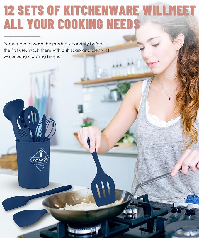 Kitchen Utensils Set-12 Pieces Silicone Cooking Utensils Set (Dishwasher Safe) 392°F Heat Resistant Spatula Set,Kitchen Utensil Set for Nonstick Cookware,Best Kitchen Tools with Holder