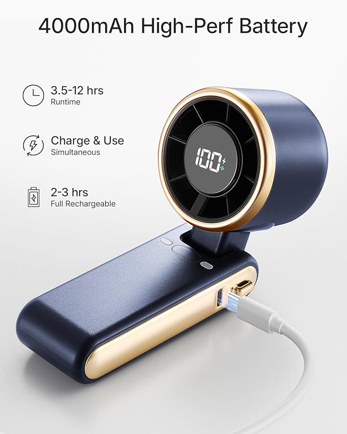 Portable Handheld Turbo Fan - 5 Gear High Speed 4000mAh Rechargeable Mini Personal Hand Fan Blow Cold Air, Battery Operated Travel Essentials, Beach Vacation, Gifts for Women, Men (Navy Blue)