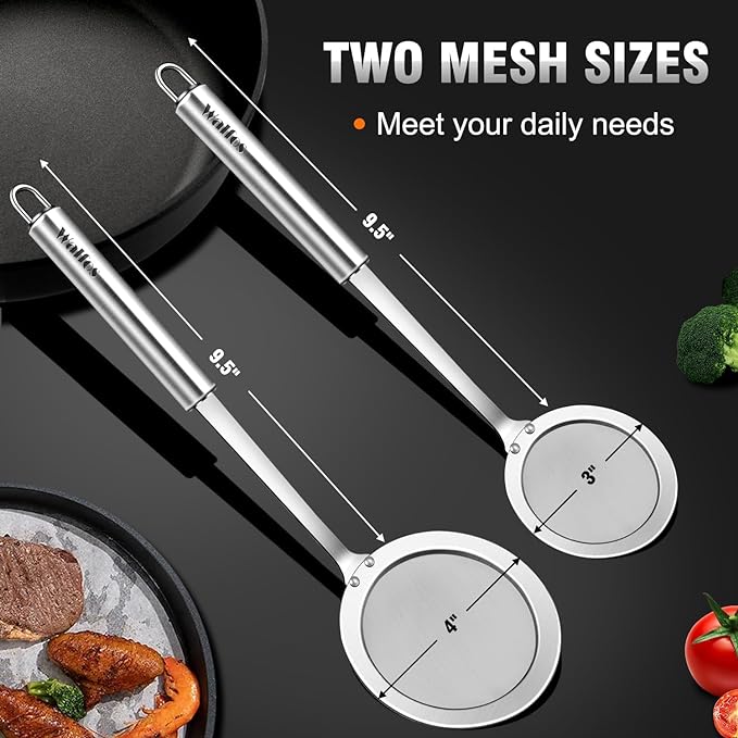 Walfos Fine Mesh Strainer and Fat Skimmer Spoon Set, Multipurpose Metal Strainers for Kitchen, Rice, Quinoa, Food, 304 Stainless Steel Fat Skimmer For Cooking, Fat, Grease, Floating Foam, 5 Pack