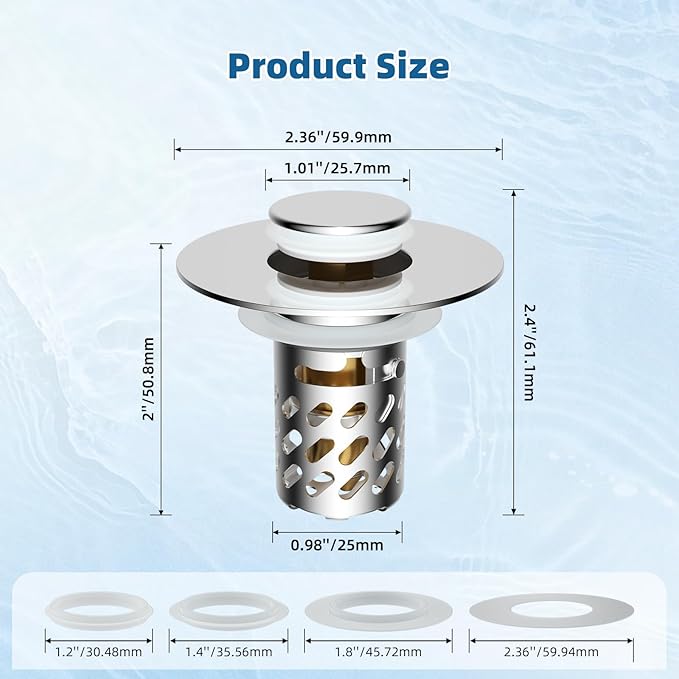 iFealClear Universal Metal Bathroom Sink Stopper, Pop Up Sink Drain Strainer with Removable Stainless Steel Hair Catcher Filter Basket, Drain Stopper for 1.1"-2.36" Basin, Brass Bounce Core,Chrome