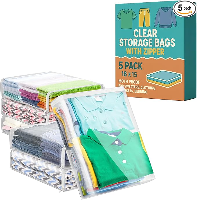 Houseables Sweater Bags Moth Proof, Clothing Storage Bags, with Zipper, Sweater Storage, Clear Zippered Organizers, Clothes, Blanket, Linen, Bedding, Quilt, Vinyl Plastic Protectors, 18x15x4”, 5 Pack.