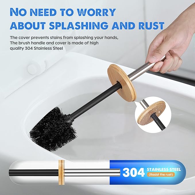 Compact Toilet Brush & Holder,SetStainless Steel Handle Toilet Brush,Deep Cleaning,Durable Nylon Bristles,Splash-Proof Design(White&Black)