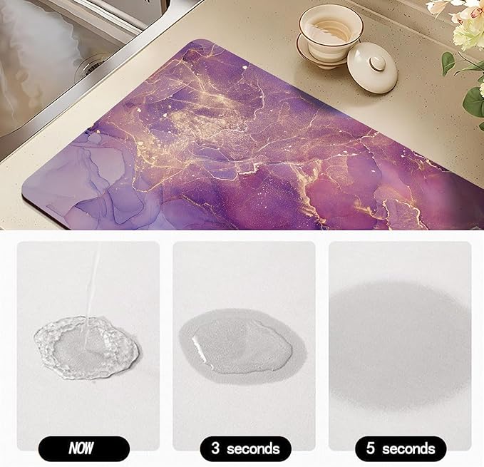 Dish Drying Mat for Kitchen Counter, Purple Shiny Abstract Marble Design, Washable Absorbent Quick Dry Pad with Rubber Backing, Draining Mat for Dishes Coffee Table, 12" x 20"