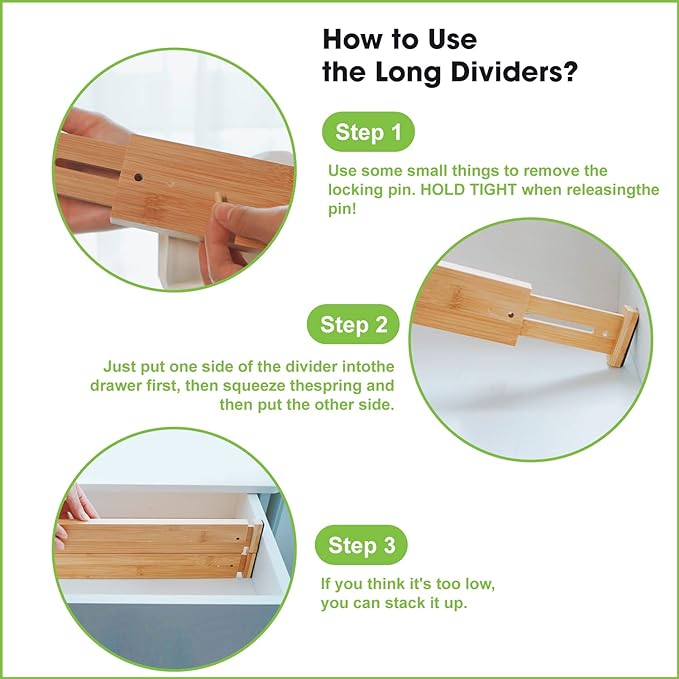 ANTOWIN Bamboo Drawer Dividers, Expandable Drawer Separators Splitter, 17-22 inches Adjustable Spring-loaded Organizer for Large Utensil, Clothes, Tools Drawers, 6 Pack Dividers + 4 Pack Baffle