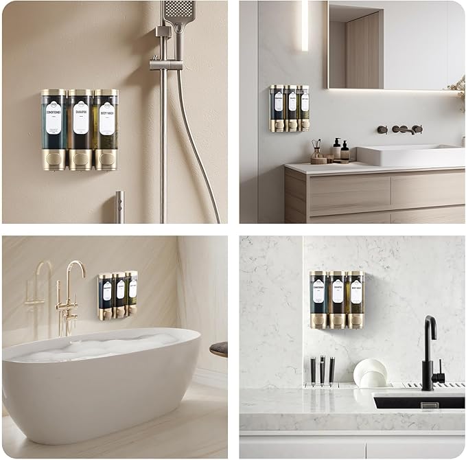 Shampoo and Conditioner Dispenser, Refillabe Shower Soap Dispensers 3 Chamber No Drill Shampoo Dispenser for Shower Wall Mounted 3 * 300ml Container for Bathroom Hotel (Bronze Gold 3 Chamber)