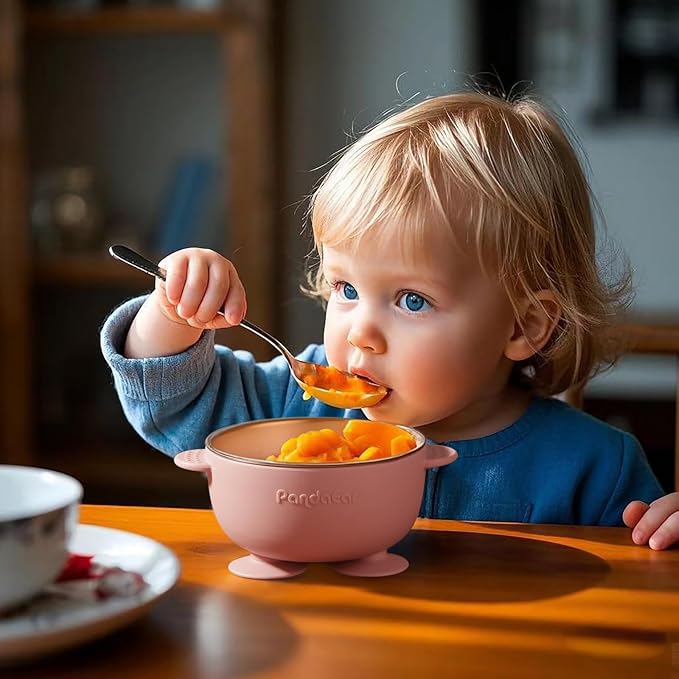 PandaEar 3 Pack Stainless Steel Suction Baby Bowls & 3 Baby Feeding Spoons | Non-Slip Stay Put Bowls & Soft Silicone First Stage Spoons for Toddlers, BPA-Free Baby Led Weaning Set (Pink White)