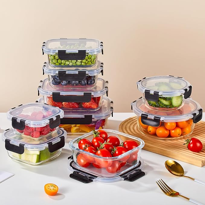 Liuruiyu 12 Pack Glass Food Storage Containers with Lids, Meal Prep Containers, Airtight Bento Boxes with Leak Proof Locking for Microwave, Oven
