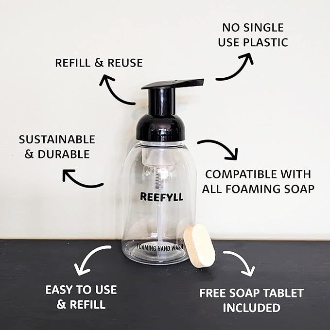Foaming Soap Dispenser Starter Pack with Refillable Bottle 250ml and Hand Soap Tablet x1 for Bathroom Kitchen Countertop Refillable Foam Soap with Juicy Orange Scent