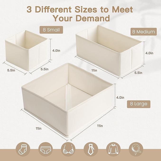 Drawer Organizer Clothes, 24 Pack Dresser Organizer for Baby Clothes, Beige