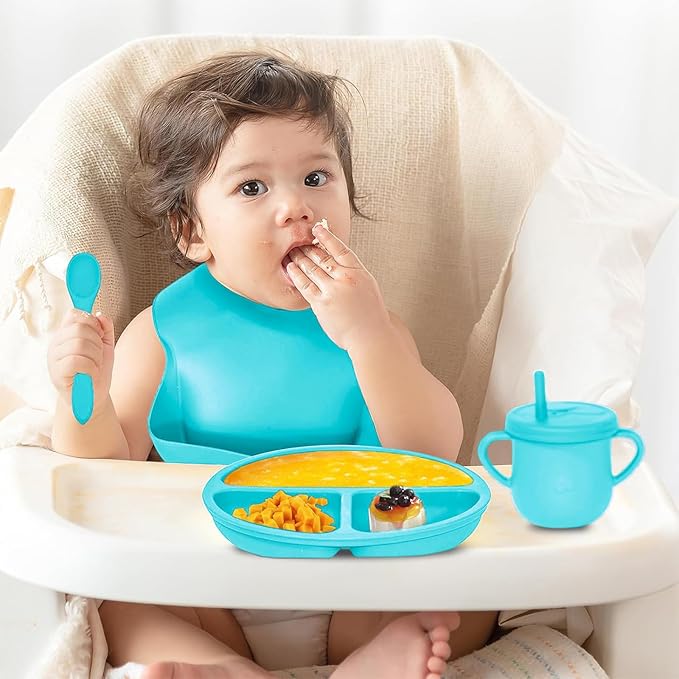 100% Silicone baby feeding set,BPA free Baby dishes set with Suction Bowl Divided Plate,Toddler Self Feeding Dish Set with Spoons Forks Sippy Cup And Bib, Baby Eating Utensils (Cyan Blue)