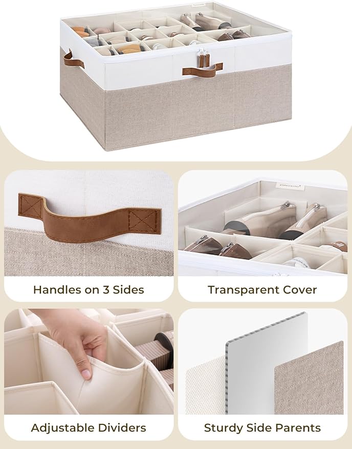 StorageWorks Shoe Organizer for Closet, Fits up to 24 Pairs, Shoe Cubby Storage Containers with Adjustable Dividers and Clear Cover, Brown & White